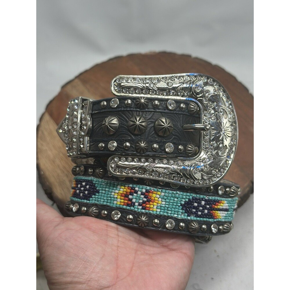 Tooled Leather Studded Silver & Rhinestone Aztec Blazin Roxx Bling Belt Rodeo